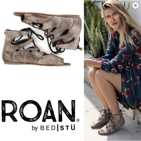 NEW ROAN BED STU Gladiator Sandals Distressed Taupe Leather Womens Size 6.5 - Picture 2 of 8